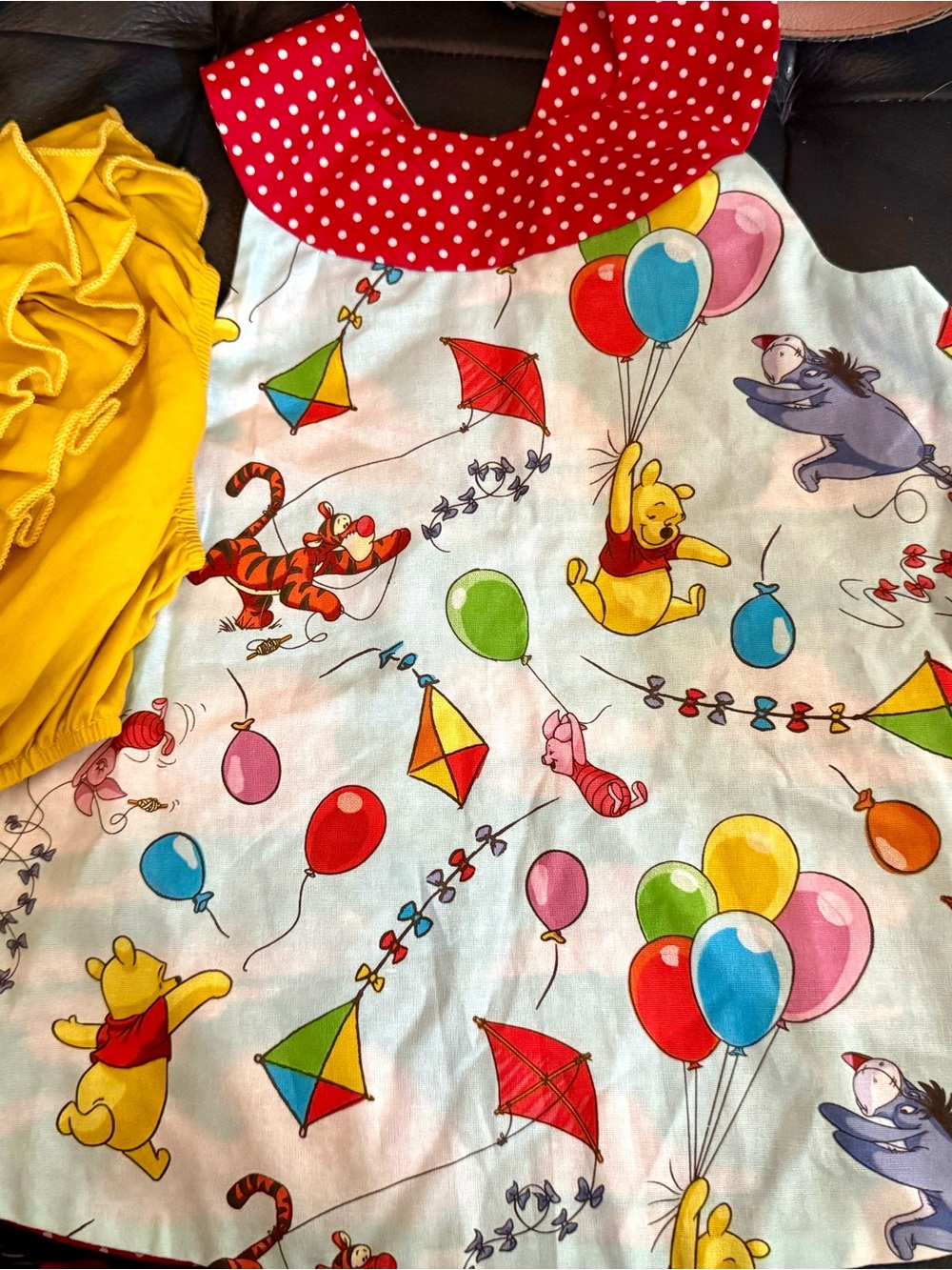 Kids Casual Dress with Winnie the Pooh Balloon Print - Red Trim